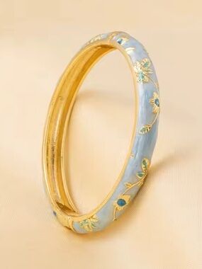 Gold-Tone Light Blue Floral Enamel Bangle Bracelet